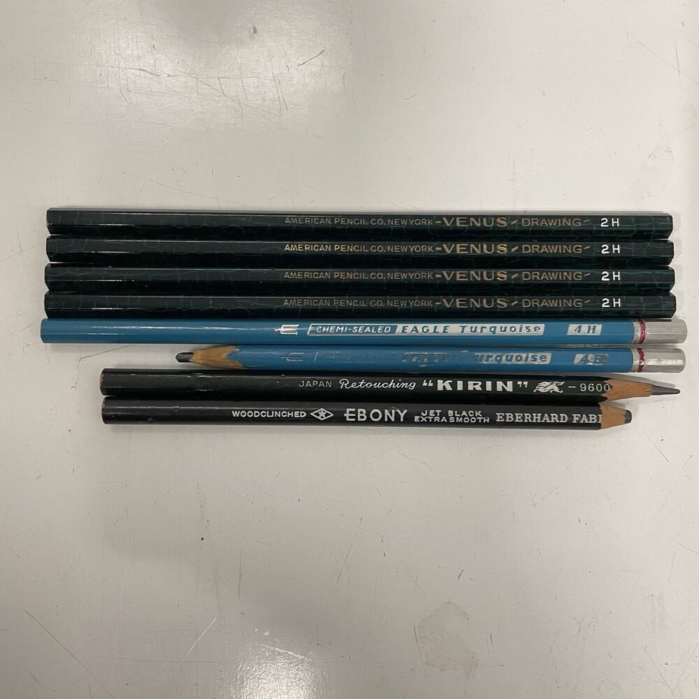 VTG Venus 2H Drawing Pencils & Eagle Chemi Sealed Drawing 4H -Used Kirin & Ebony